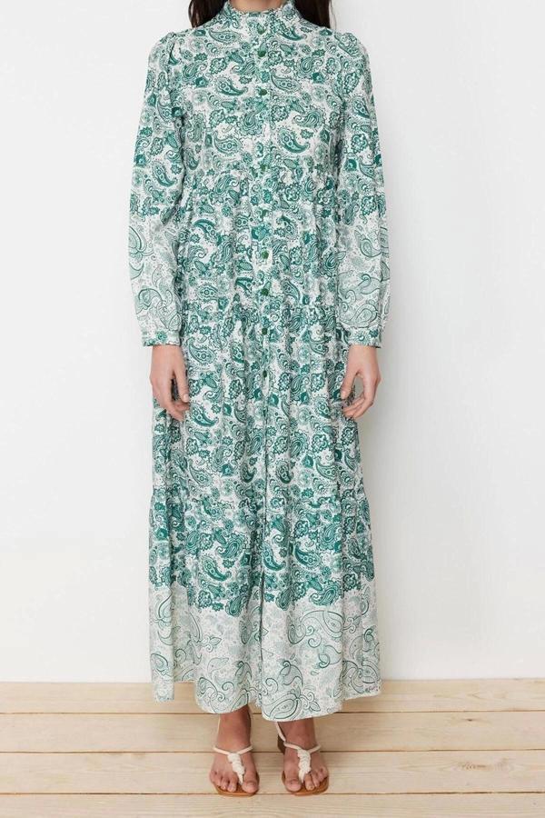 Moda Regular Keten Görünümlü Dokuma Hakim Yaka Uzun Kol Gömlek Elbise Maxi Boy Tesettür Elbise - Image 1