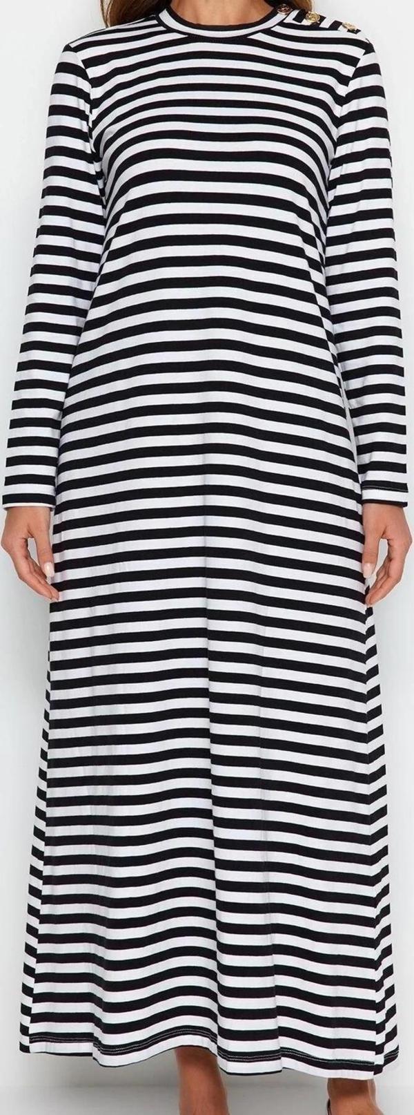 Moda Regular Casual Günlük Ringel Örme Dik Yaka Uzun Kol Basic Maxi Boy Tesettür Elbise - Image 1