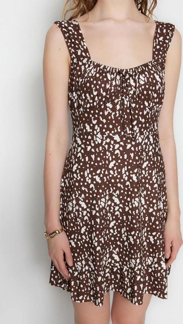 Moda Regular Casual Günlük Polyester Kaşkorse Örme Kare Yaka Kolsuz Kol A-Line Mini Boy Elbise - Image 1