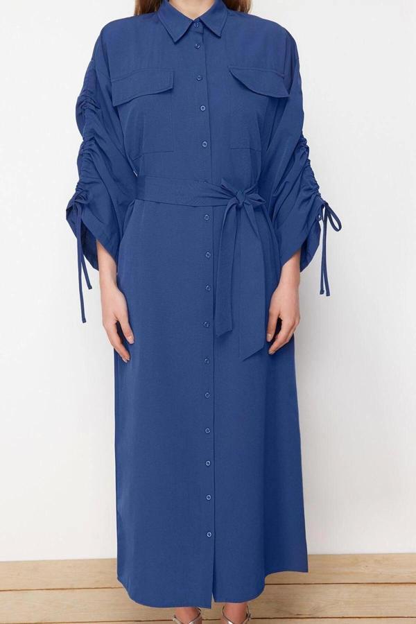 Moda Casual Günlük Terrycotton Dokuma Gömlek Yaka Uzun Kol Gömlek Elbise Maxi Boy Tesettür Elbise - Image 1