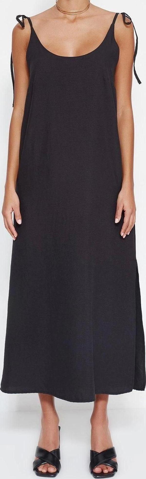 Moda Regular Gündüz Gece Lilyum Dokuma Bisiklet Yaka Askılı Kol Shift Midi Boy Elbise - Image 1