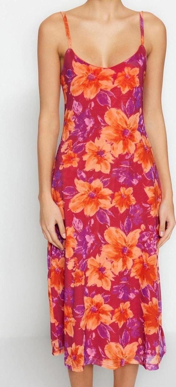 Moda Regular Casual Günlük Tül Örme V Yaka Askılı Kol A-Line Midi Boy Elbise - Image 1