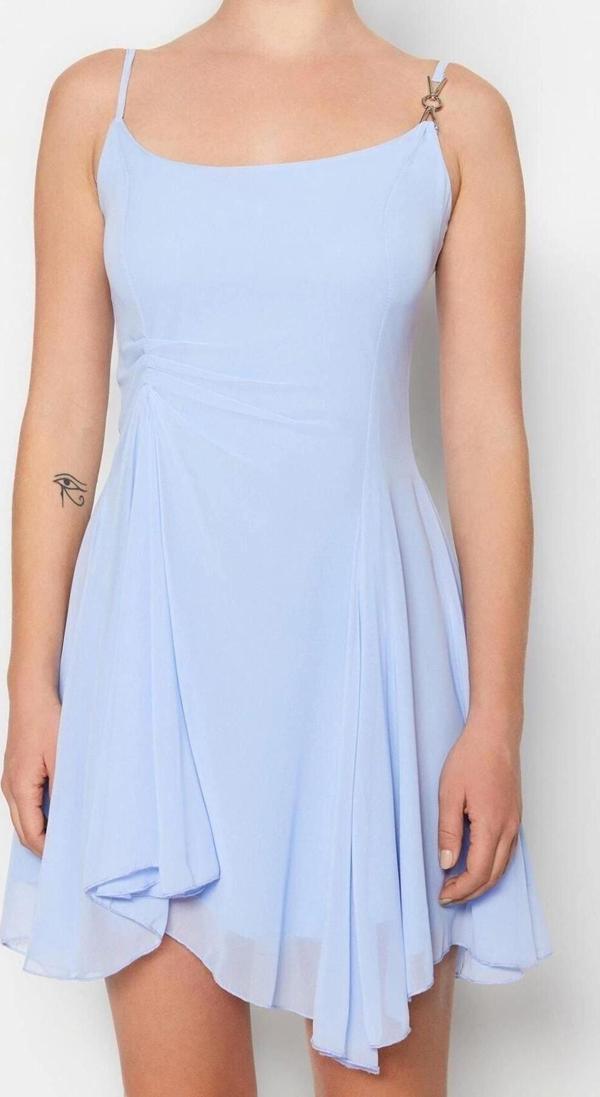 Moda Regular Mezuniyet Balo Şifon Dokuma Kare Yaka Askılı Kol Skater Mini Boy Elbise - Image 1