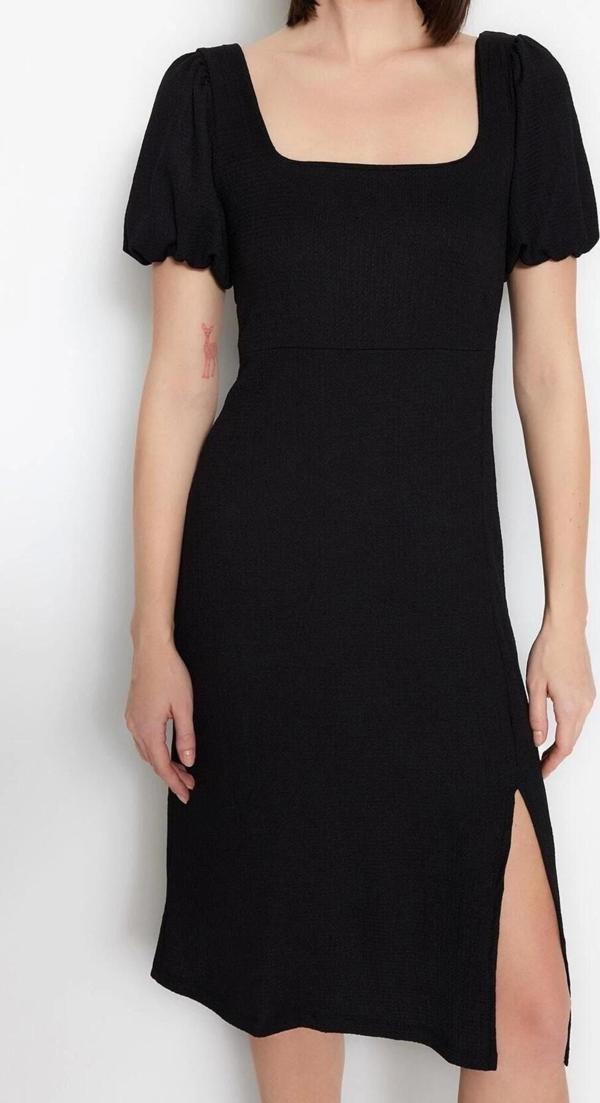 Moda Regular Casual Günlük Bürümcük Örme Kare Yaka Kısa Kol A-Line Midi Boy Elbise - Image 1