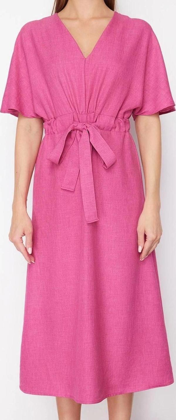 Moda Regular Casual Günlük Aerobin Dokuma V Yaka Kısa Kol A-Line Midi Boy Elbise - Image 1