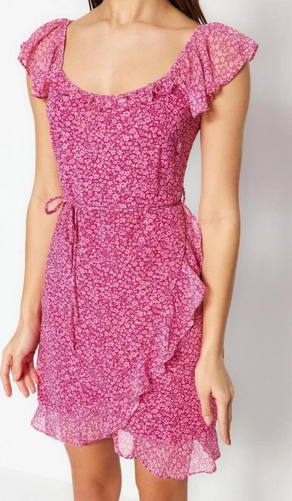 Moda Regular Casual Günlük Şifon Dokuma Kare Yaka Kısa Kol Kruvaze Mini Boy Elbise - Image 1