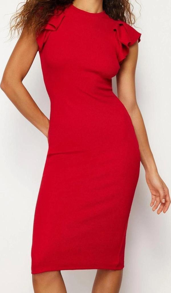 Moda Slim Business Kaşkorse Örme Bisiklet Yaka Kısa Kol Bodycone Midi Boy Elbise - Image 1