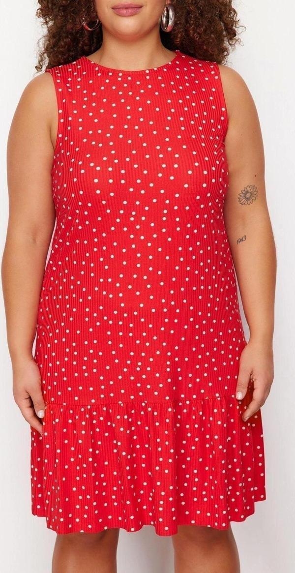 Moda Rahat Günlük Kaşkorse Örme Bisiklet Yaka Kolsuz Kol Eteği Fırfırlı Mini Boy Büyük Beden Elbise - Image 1