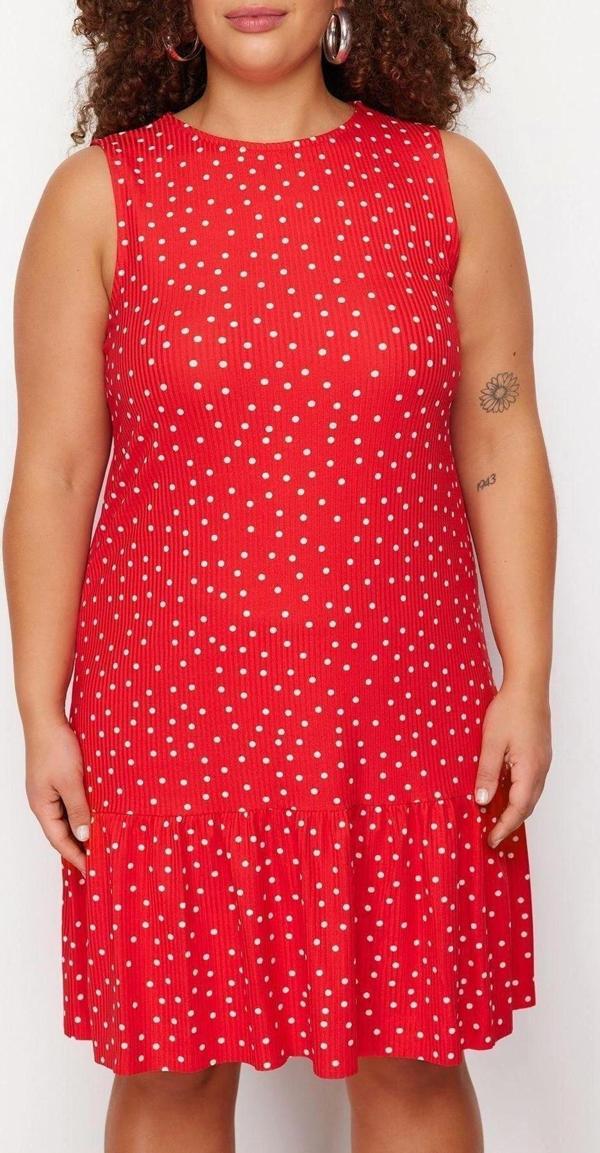 Moda Rahat Günlük Kaşkorse Örme Bisiklet Yaka Kolsuz Kol Eteği Fırfırlı Mini Boy Büyük Beden Elbise - Image 1