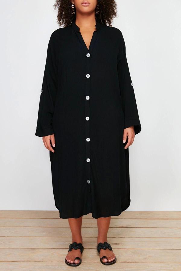 Moda Rahat Plaj Günlük Shally Dokuma V Yaka Uzun Kol Gömlek Elbise Maxi Boy Büyük Beden Elbise - Image 1