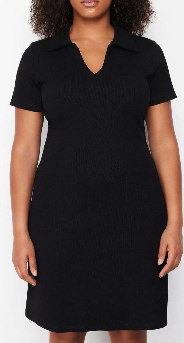 Moda Slim Casual Günlük Kaşkorse Örme Polo Yaka Kısa Kol A-Line Midi Boy Büyük Beden Elbise - Image 1