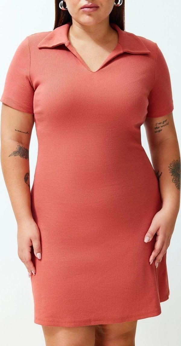 Moda Slim Casual Günlük Kaşkorse Örme Polo Yaka Kısa Kol A-Line Midi Boy Büyük Beden Elbise - Image 1