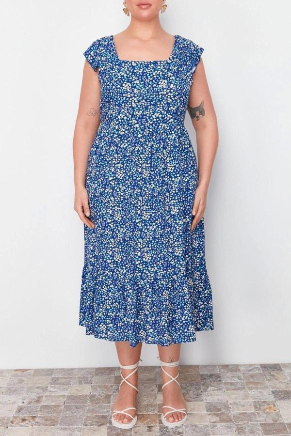 Moda Fit Casual Günlük Shally Dokuma Kare Yaka Askısız Kol A-Line Midi Boy Büyük Beden Elbise - Image 1