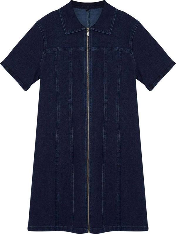 Moda Fit Casual Günlük Comfort Denim Gömlek Yaka Kısa Kol Bodycone Mini Boy Büyük Beden Elbise - Image 1