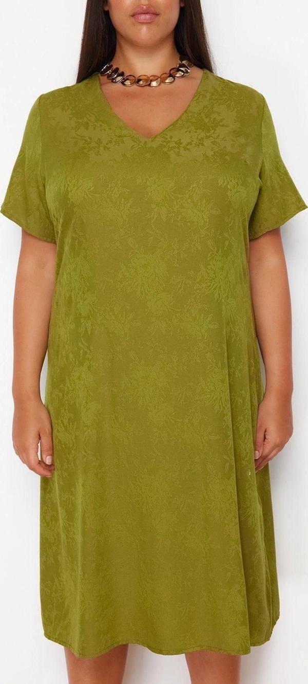 Moda Rahat Casual Günlük Jakar Dokuma V Yaka Kısa Kol A-Line Midi Boy Büyük Beden Elbise - Image 1