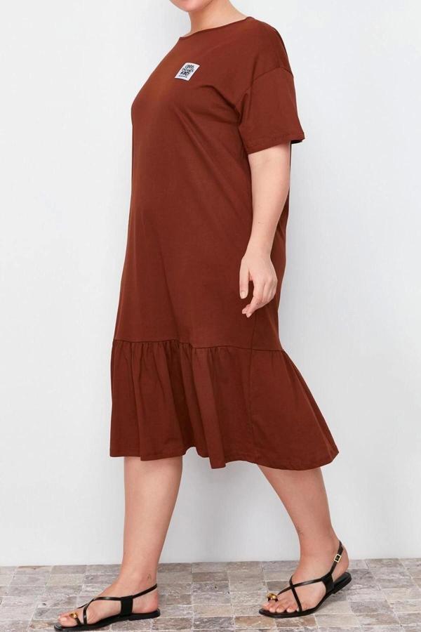 Moda Rahat Günlük Süprem Örme Bisiklet Yaka Kısa Kol T-Shirt Elbise Midi Boy Büyük Beden Elbise - Image 1