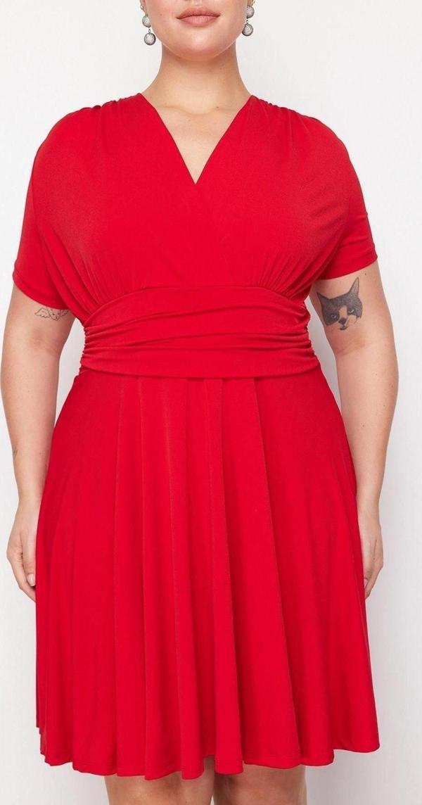 Moda Fit Casual Günlük Sandy Örme Kruvaze Kısa Kol Kruvaze Mini Boy Büyük Beden Elbise - Image 1