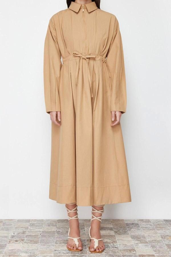 Moda Regular Casual Günlük Poplin Dokuma Ceket Yaka Uzun Kol A-Line Maxi Boy Tesettür Elbise - Image 1