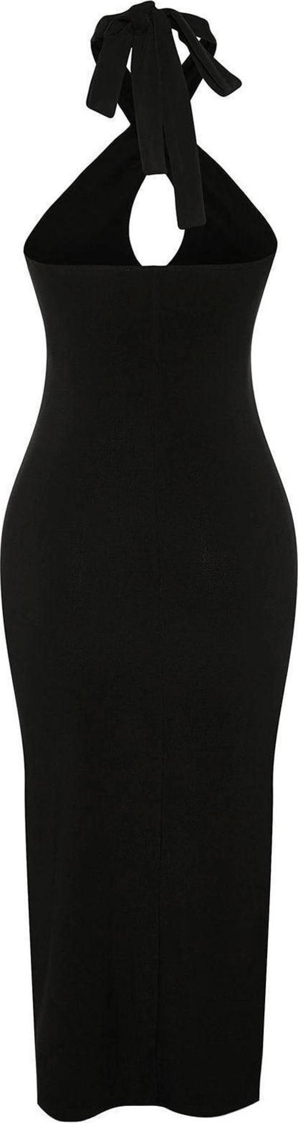 Moda Slim Şık Abiye Gece Sandy Örme Boyundan Bağlamalı Kolsuz Kol Bodycone Midi Boy Elbise - Image 1