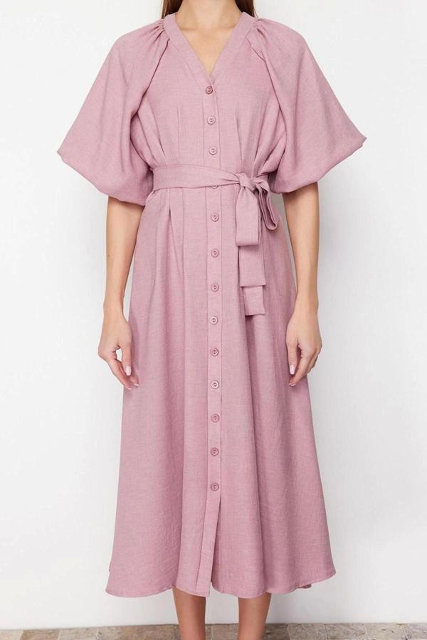 Moda Regular Günlük Keten Görünümlü Dokuma V Yaka Truvakar Kol Kol A-Line Maxi Boy Tesettür Elbise - Image 1