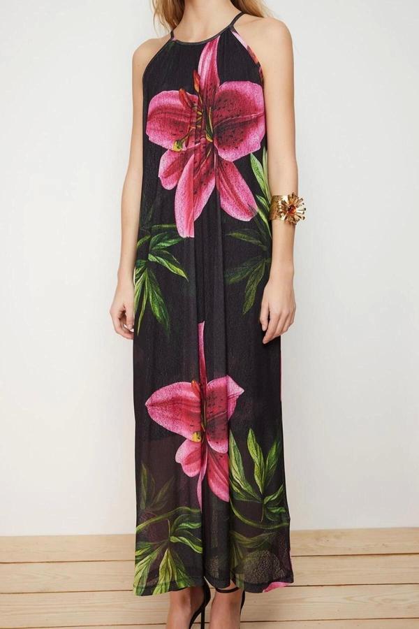 Moda Rahat Casual Günlük Köpük Kumaş Örme Halter Yaka Kolsuz Kol A-Line Maxi Boy Elbise - Image 1