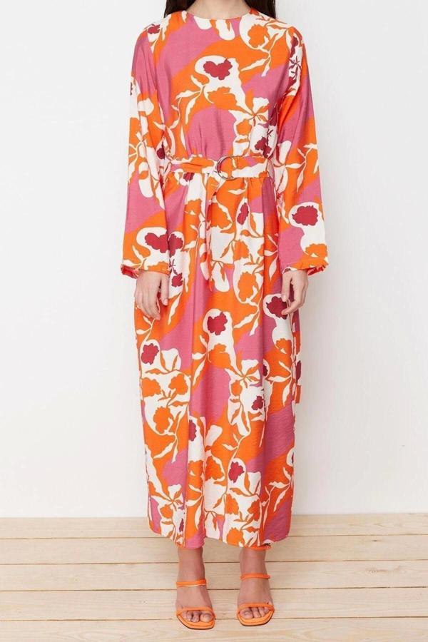 Moda Regular Casual Günlük Lilyum Dokuma Bisiklet Yaka Uzun Kol A-Line Maxi Boy Tesettür Elbise - Image 1