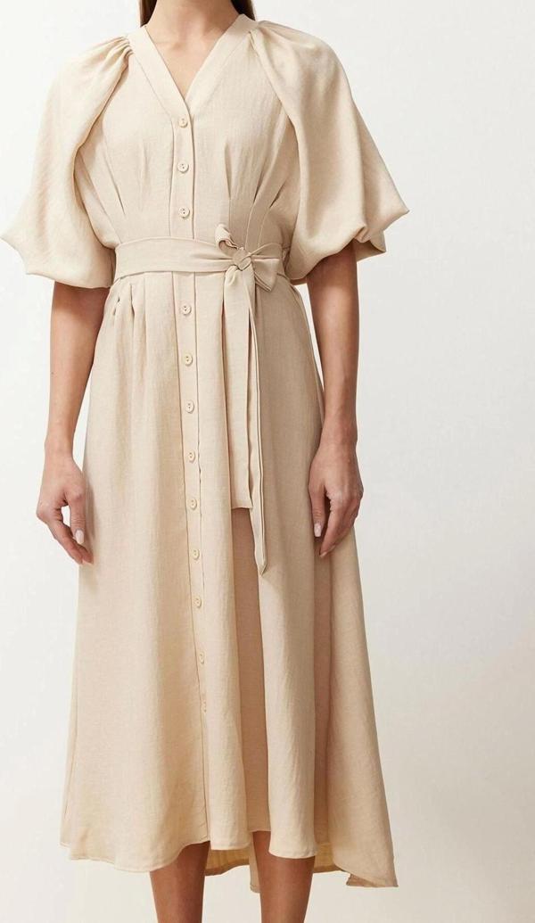 Moda Regular Günlük Keten Görünümlü Dokuma V Yaka Truvakar Kol Kol A-Line Maxi Boy Tesettür Elbise - Image 1