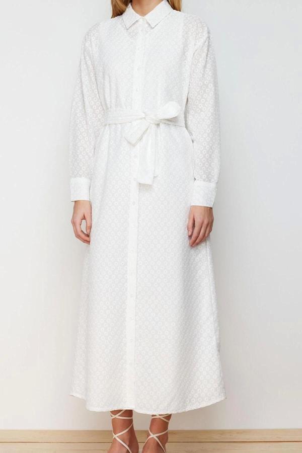 Moda Regular Casual Günlük Brode Dokuma Gömlek Yaka Uzun Kol Gömlek Elbise Maxi Boy Tesettür Elbise - Image 1