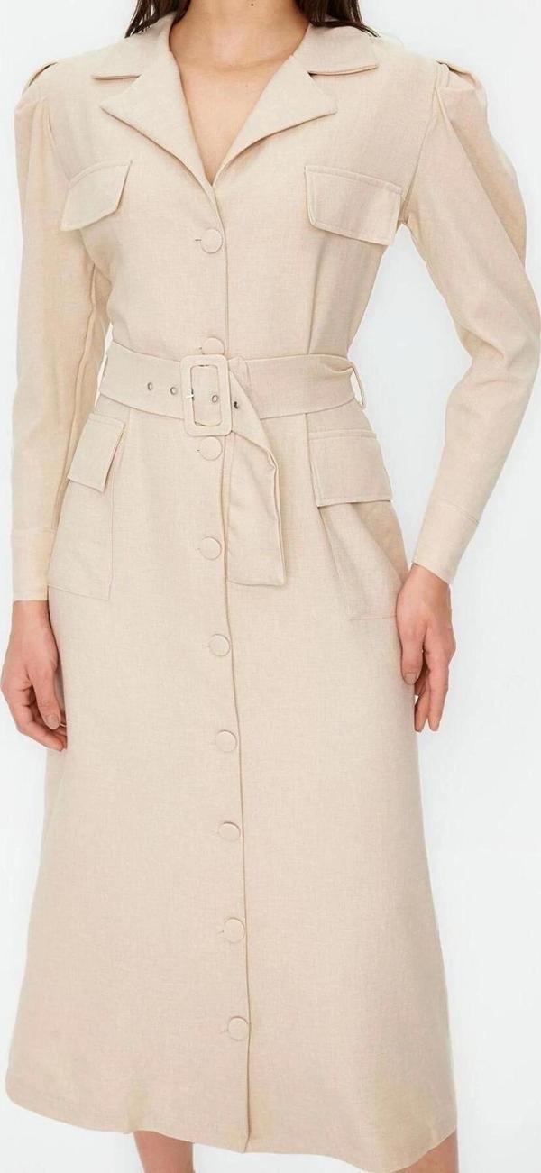 Moda Fit Business Keten Görünümlü Dokuma V Yaka Uzun Kol Gömlek Elbise Maxi Boy Tesettür Elbise - Image 1