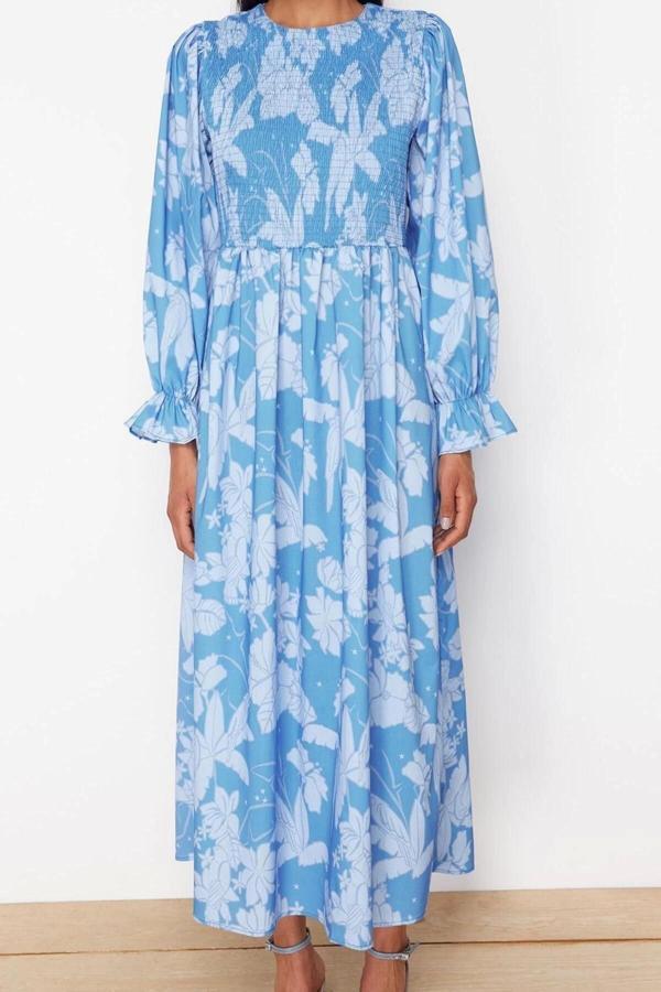 Moda Regular Casual Günlük Poplin Dokuma Bisiklet Yaka Uzun Kol A-Line Maxi Boy Tesettür Elbise - Image 1