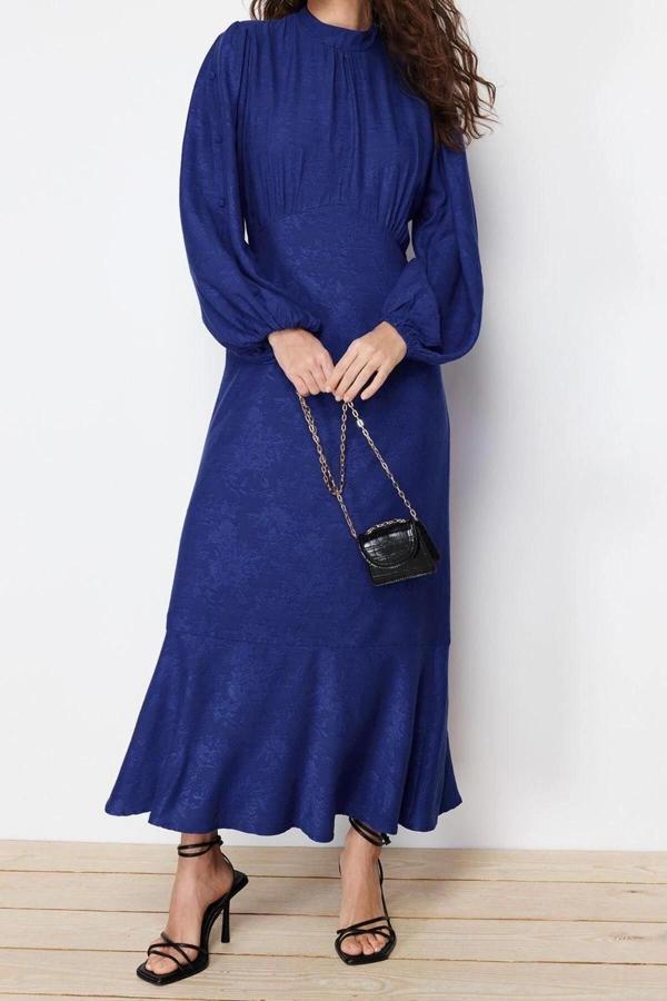 Moda Regular Casual Günlük Jakar Dokuma Bisiklet Yaka Uzun Kol A-Line Maxi Boy Tesettür Elbise - Image 1