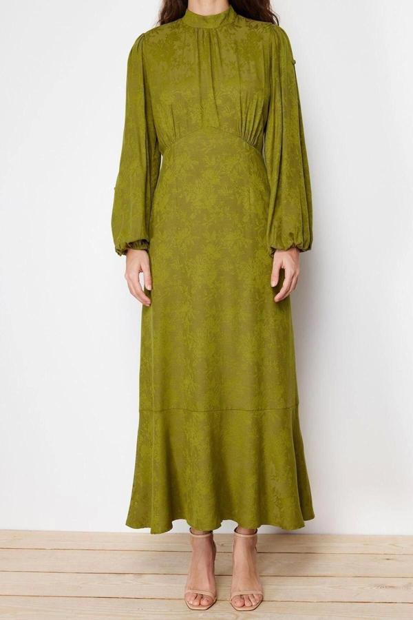 Moda Regular Casual Günlük Jakar Dokuma Bisiklet Yaka Uzun Kol A-Line Maxi Boy Tesettür Elbise - Image 1