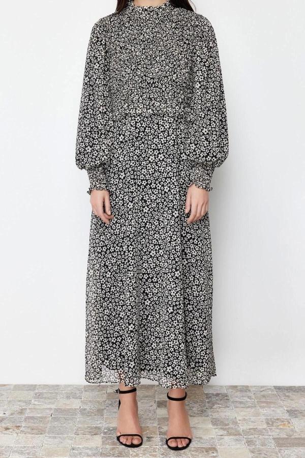 Moda Regular Casual Günlük Şifon Dokuma Dik Yaka Uzun Kol A-Line Maxi Boy Tesettür Elbise - Image 1