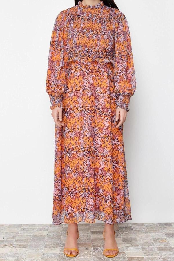 Moda Regular Casual Günlük Şifon Dokuma Dik Yaka Uzun Kol A-Line Maxi Boy Tesettür Elbise - Image 1