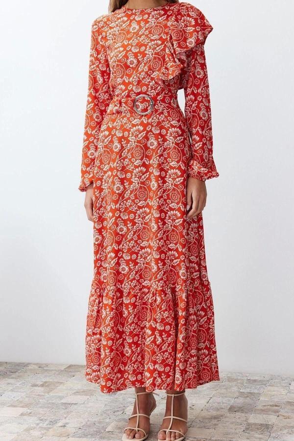 Moda Regular Casual Günlük Maroken Dokuma Bisiklet Yaka Uzun Kol A-Line Maxi Boy Tesettür Elbise - Image 1