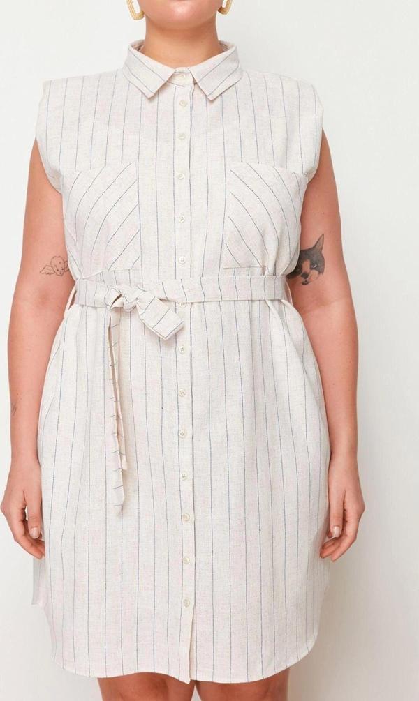 Moda Fit Casual Günlük KetenDokuma Gömlek Yaka Kolsuz Kol Gömlek Elbise Midi Boy Büyük Beden Elbise - Image 1