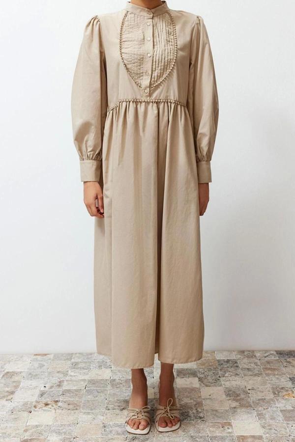 Moda Regular Casual Günlük Terrycotton Dokuma Dik Yaka Uzun Kol A-Line Maxi Boy Tesettür Elbise - Image 1