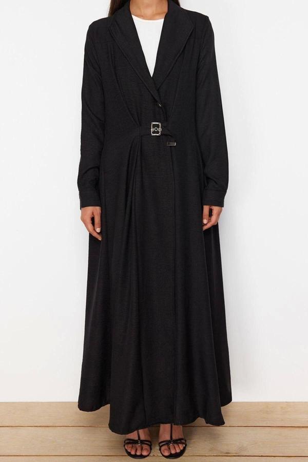Moda Regular Günlük Keten Görünümlü Dokuma Ceket Yaka Uzun Kol A-Line Maxi Boy Tesettür Elbise - Image 1