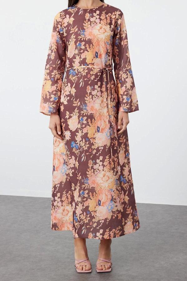 Moda Regular Günlük Keten Görünümlü Dokuma Bisiklet Yaka Uzun Kol Shift Maxi Boy Tesettür Elbise - Image 1