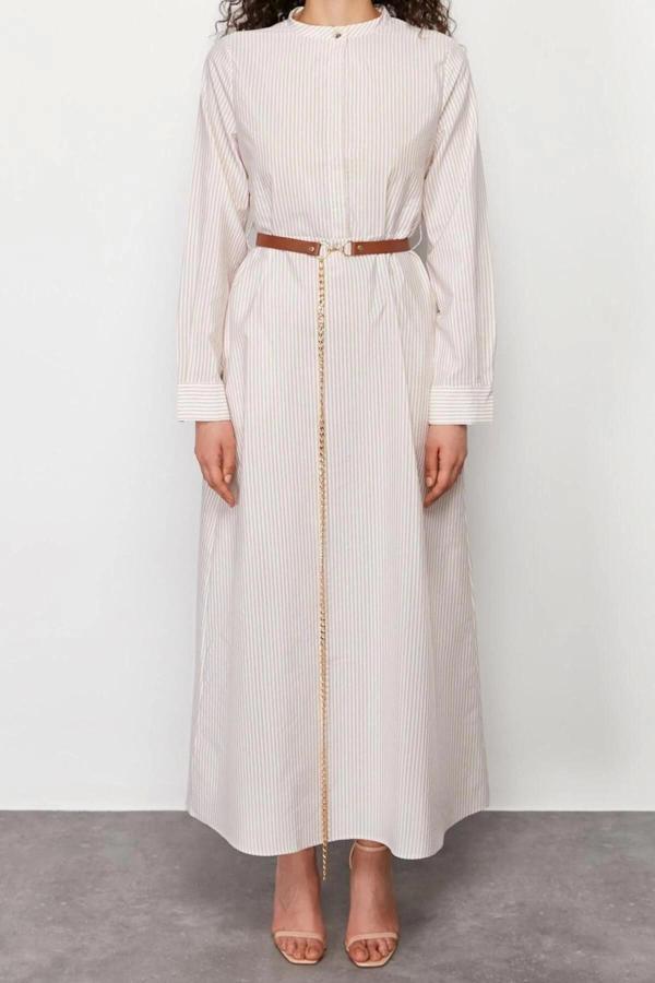 Moda Regular Casual Günlük Terrycotton Dokuma Hakim Yaka Uzun Kol A-Line Maxi Boy Tesettür Elbise - Image 1