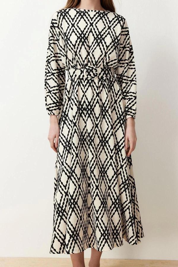 Moda Regular Casual Günlük Crinkle Dokuma Bisiklet Yaka Uzun Kol Skater Maxi Boy Tesettür Elbise - Image 1