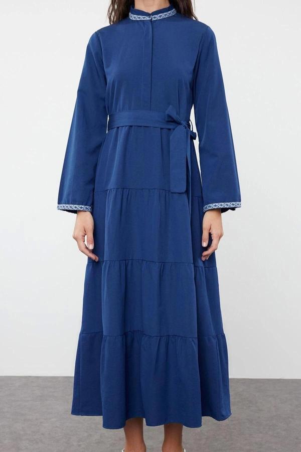 Moda Regular Casual Günlük Terrycotton Dokuma Hakim Yaka Uzun Kol A-Line Maxi Boy Tesettür Elbise - Image 1