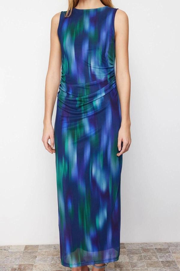 Moda Fit Mezuniyet Balo Saten Dokuma Bisiklet Yaka Kolsuz Kol Shift Maxi Boy Elbise - Image 1