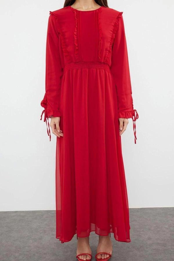 Moda Rahat Gündüz Gece Şifon Dokuma Bisiklet Yaka Uzun Kol A-Line Maxi Boy Tesettür Elbise - Image 1