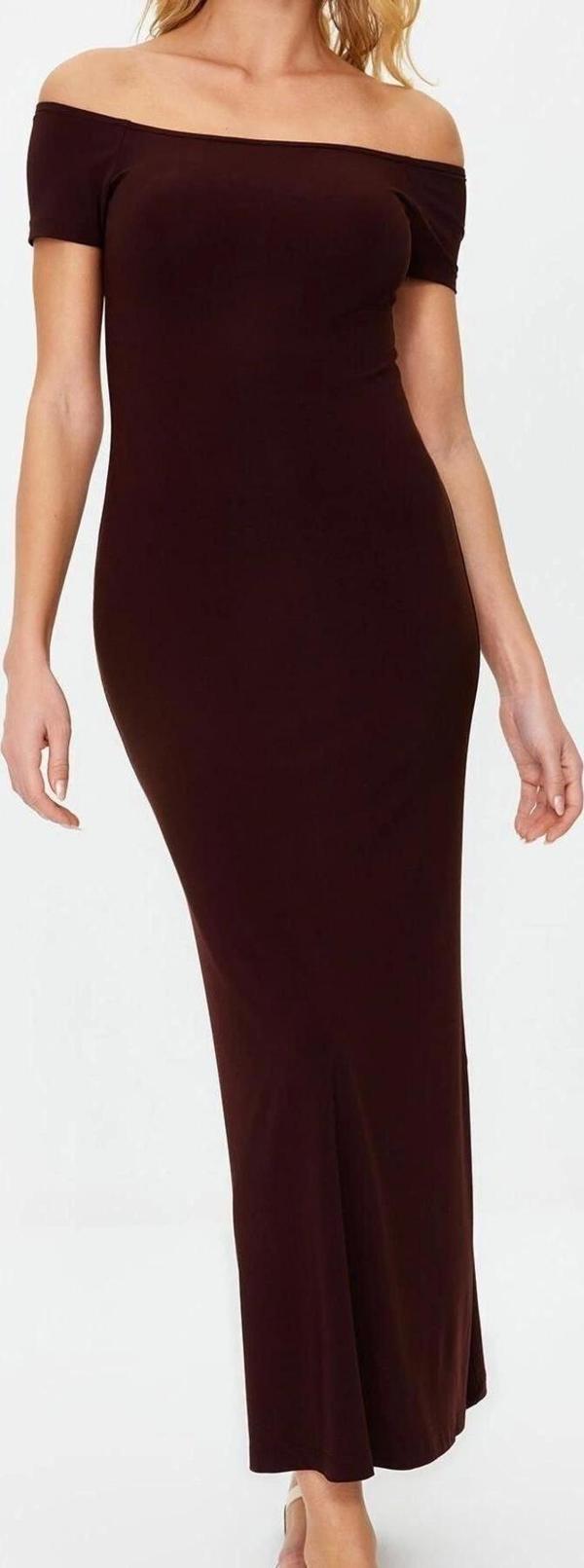 Moda Slim Casual Günlük Kalın Sandy Örme Carmen Yaka Kısa Kol Bodycone Maxi Boy Elbise - Image 1