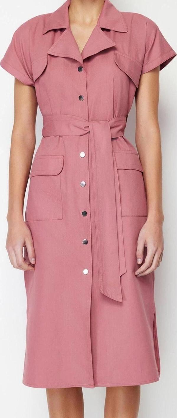 Moda Regular Casual Günlük Gabardin Dokuma Gömlek Yaka Kısa Kol Gömlek Elbise Midi Boy Elbise - Image 1