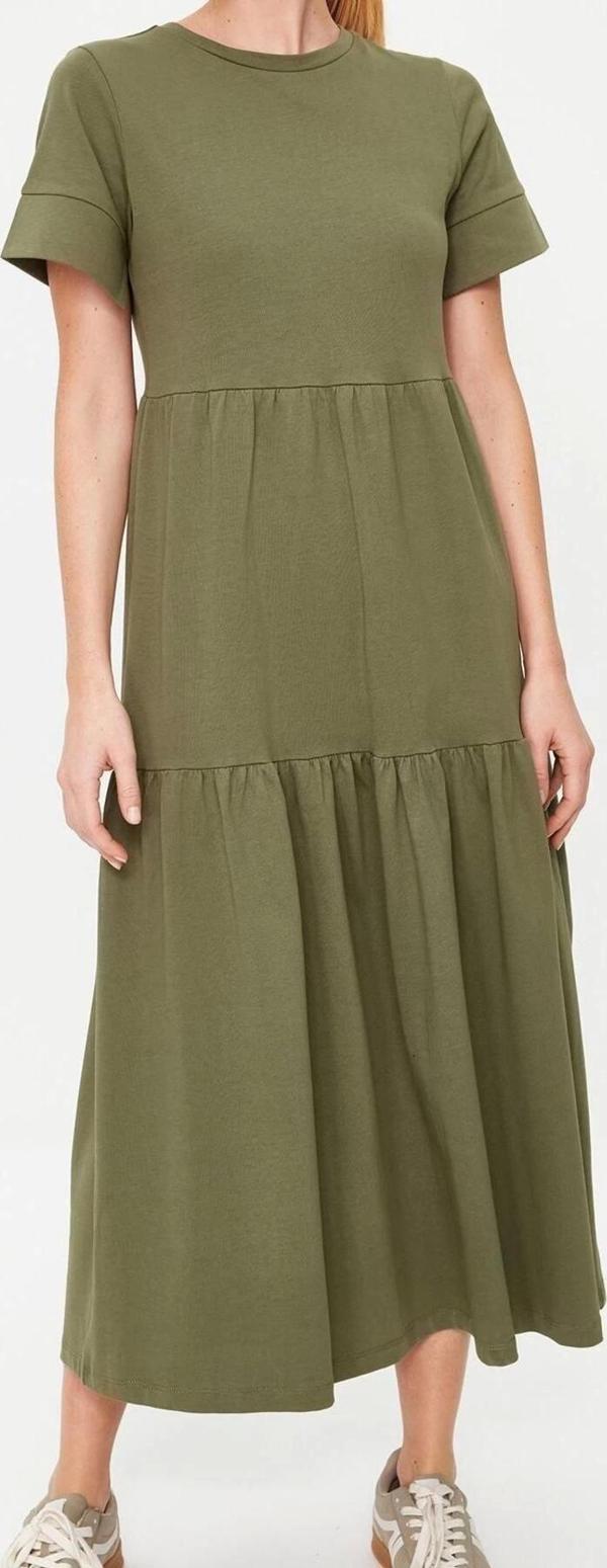 Moda Regular Günlük 20 1 Penye Süprem Örme Bisiklet Yaka Kısa Kol Eteği Fırfırlı Midi Boy Elbise - Image 1