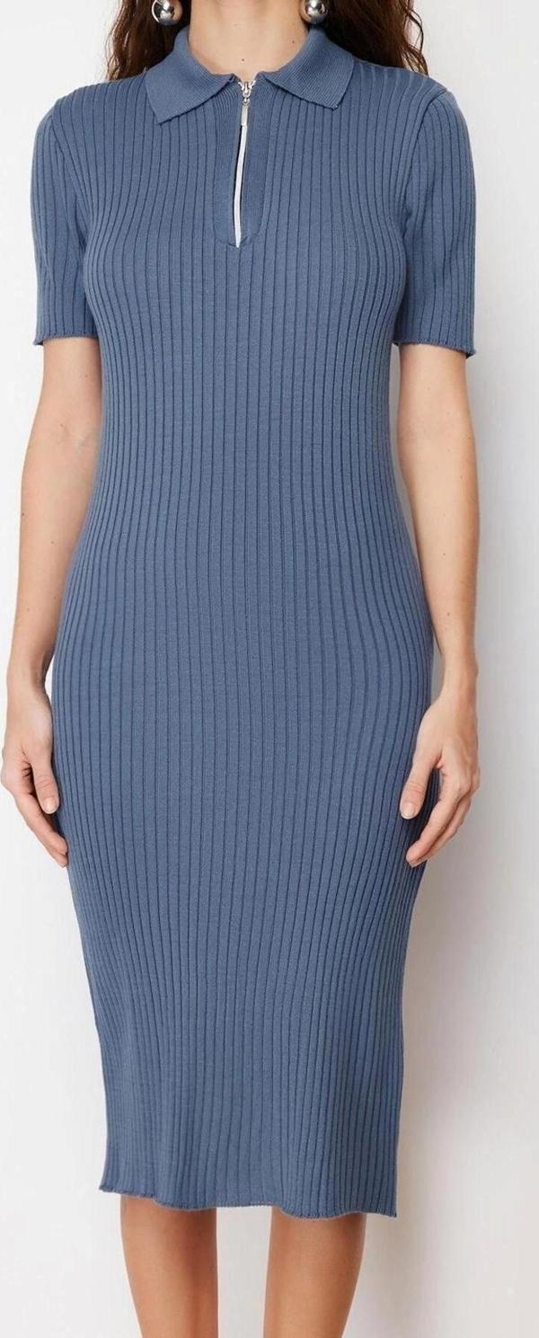 Moda Regular Casual Günlük Tek Plaka Triko Polo Yaka Kısa Kol Shift Midi Boy Elbise - Image 1