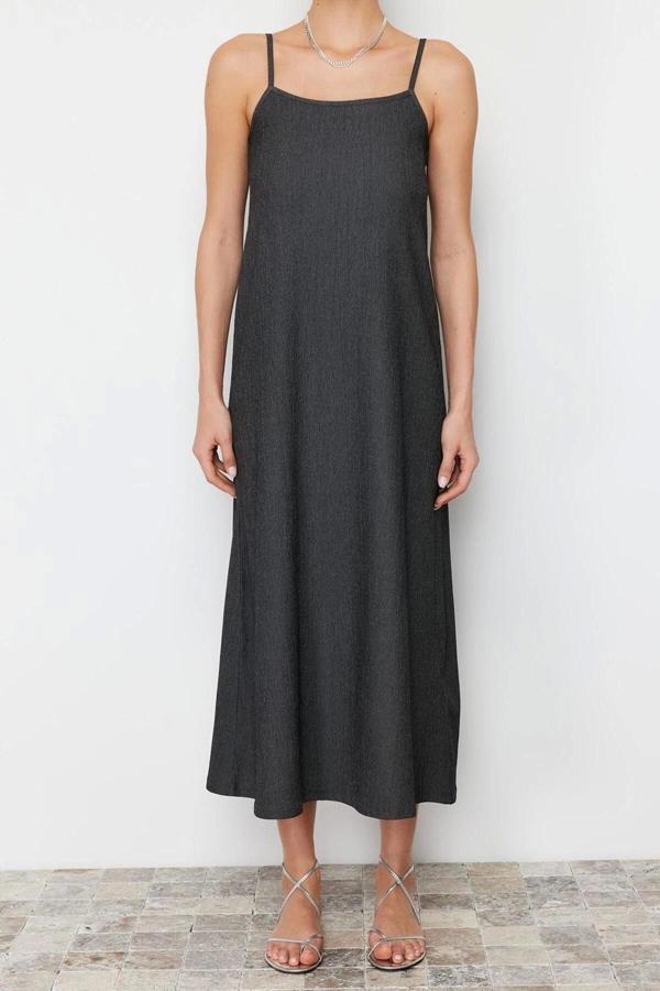 Moda Regular Casual Günlük Bürümcük Örme Kare Yaka Askılı Kol A-Line Midi Boy Elbise - Image 1