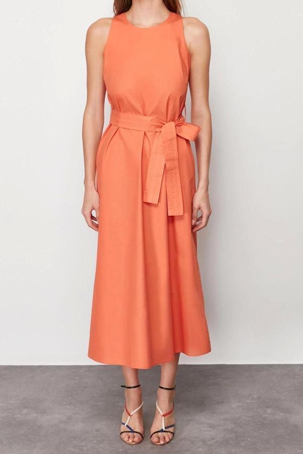 Moda Regular Casual Günlük Poplin Dokuma Bisiklet Yaka Kolsuz Kol Skater Midi Boy Elbise - Image 1